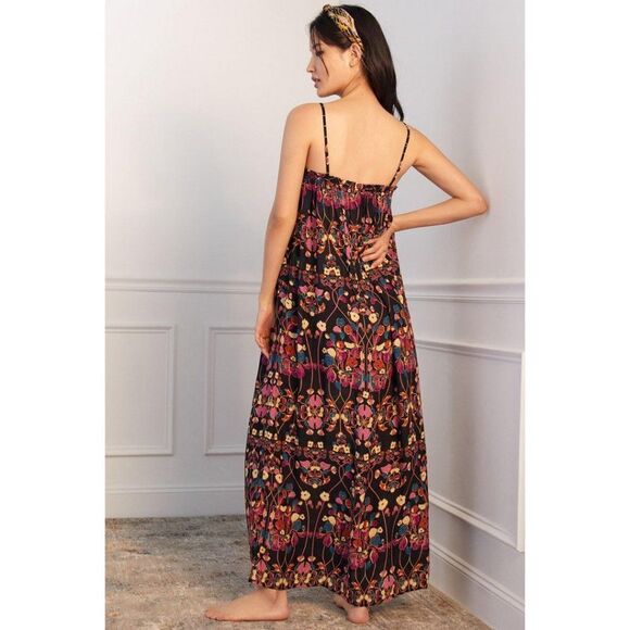 Anthropologie Quilted Floral Maxi Dress Black Size XS Flowy Bohemian Square Neck - Picture 3 of 12
